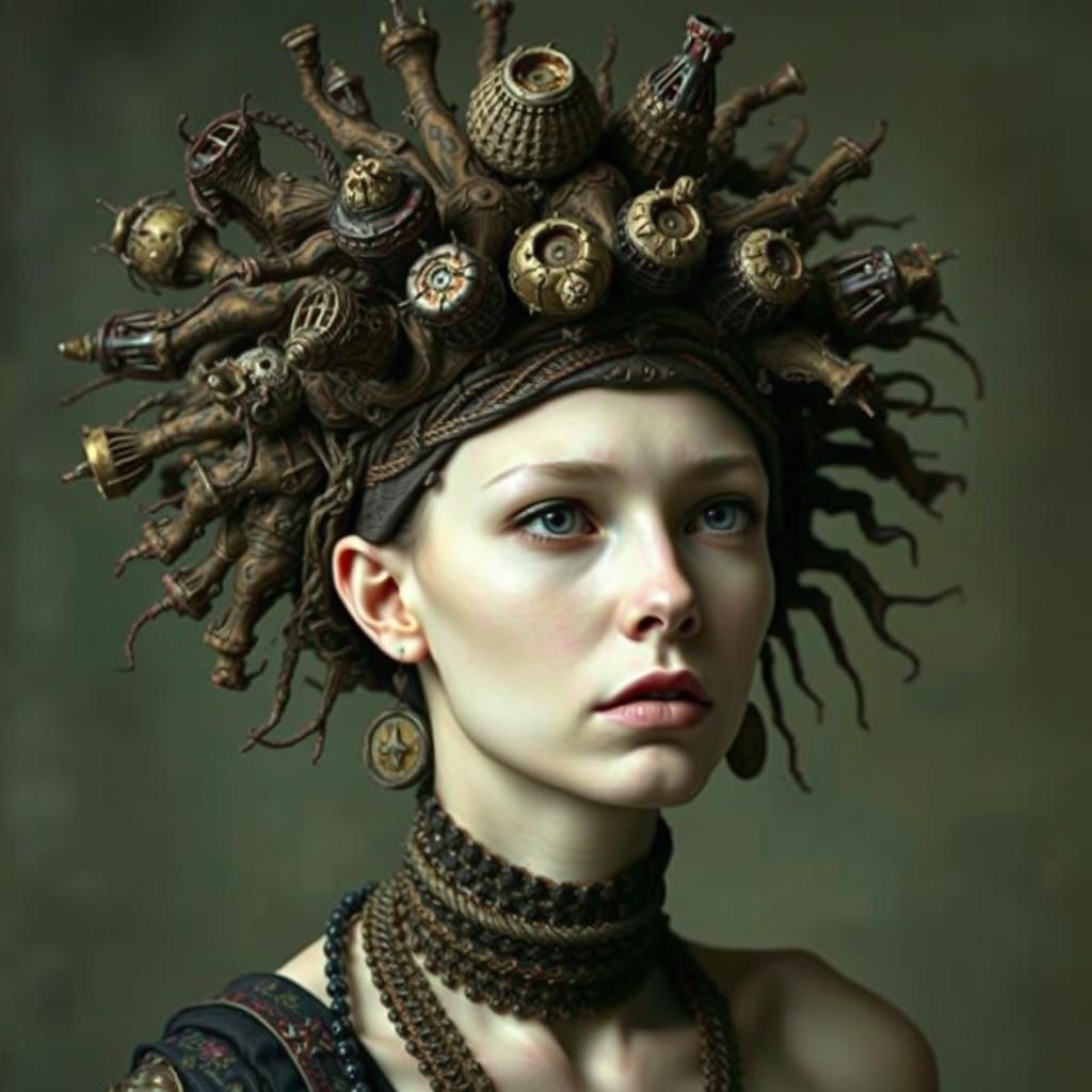 Woman with Bizarre Headdress in Renaissance Anatomical Style