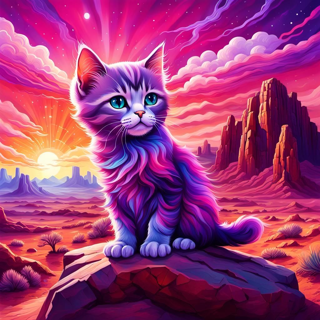 Cosmic Kitten in Vibrant Desert Sunset