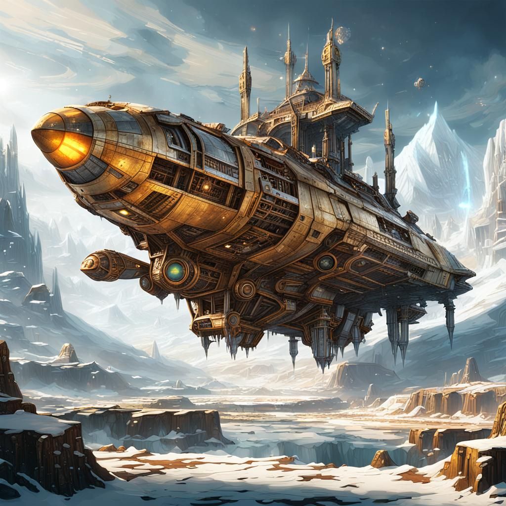 Steampunk Spaceship Over Snowy Ruins