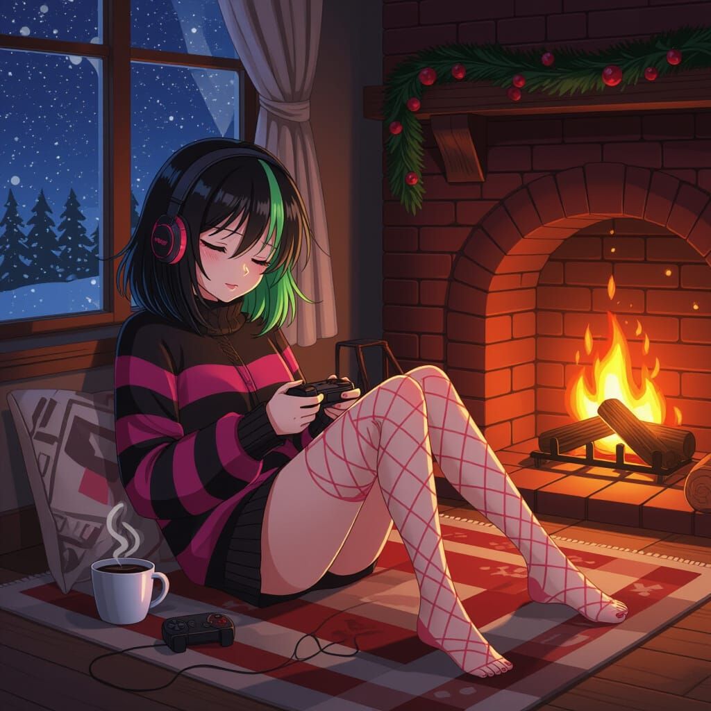 Emo Anime Girl Sleeping by Fireplace in Striped Sweater
