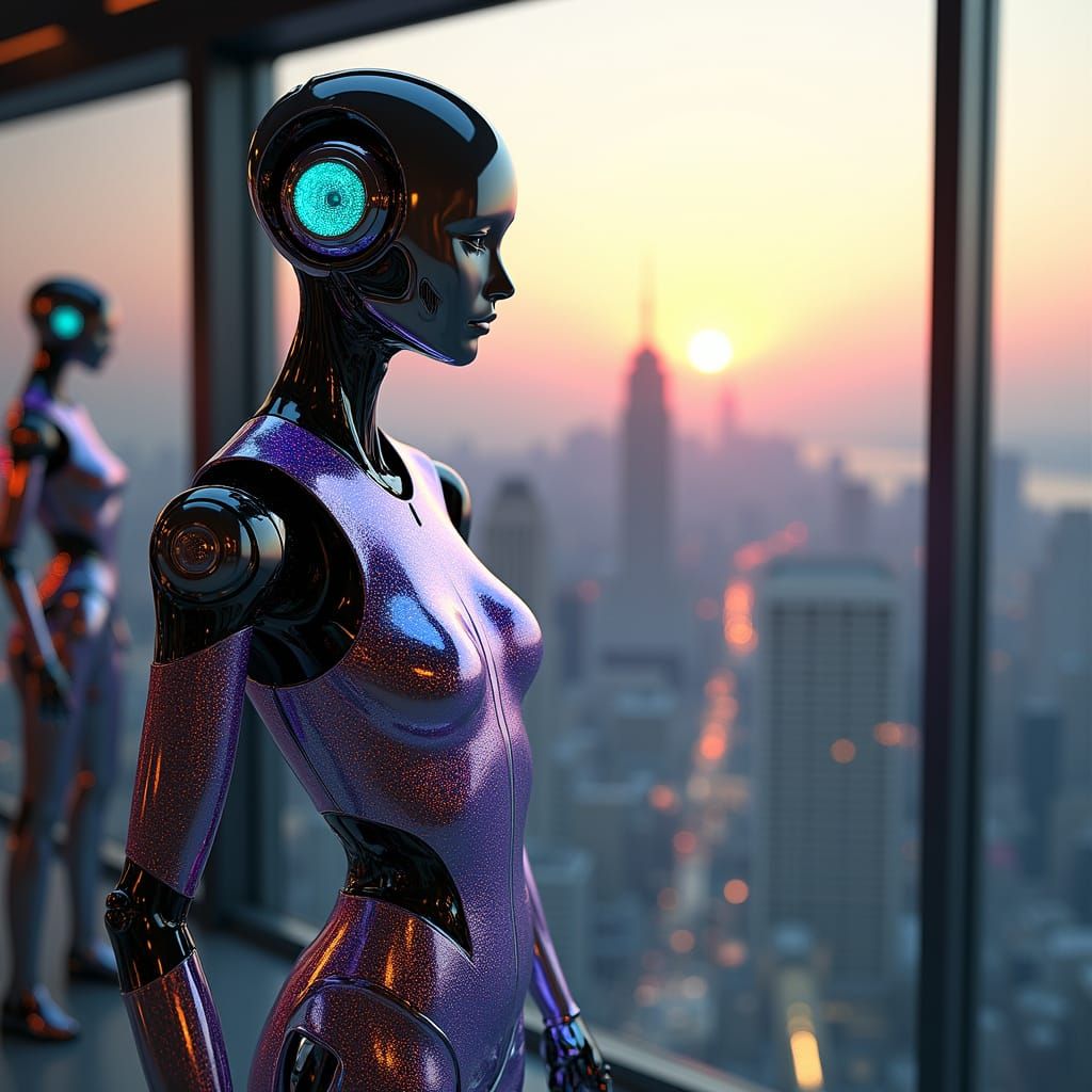 Cyberpunk Couturière Robot in Chrome and Holographic Panels