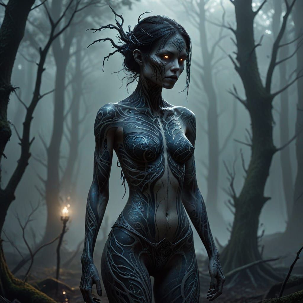 Eerie Banshee with Swirling Tattoos in Dark Forest