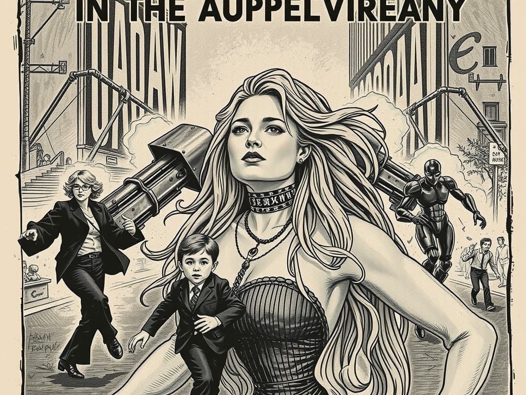 Giant Female Mecha Robots in Sunset Boulevard Battle Scene