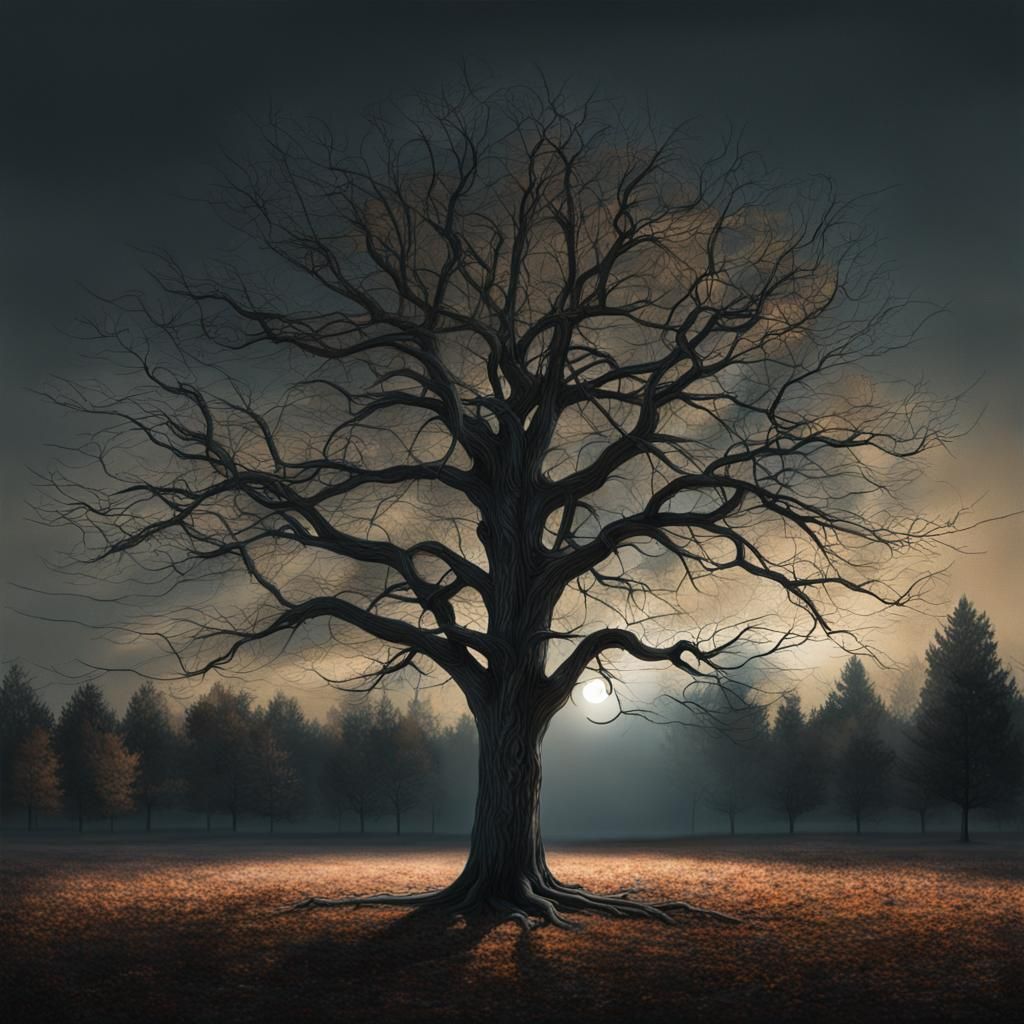 Eerie Autumn Tree in Contemporary Realism Style