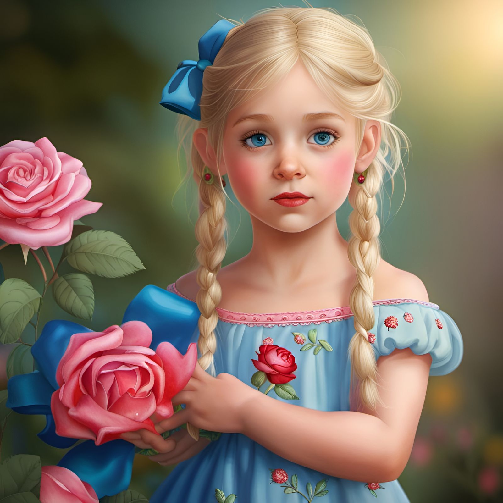 Little blonde princess with blue eyes with pigtails and a pi...