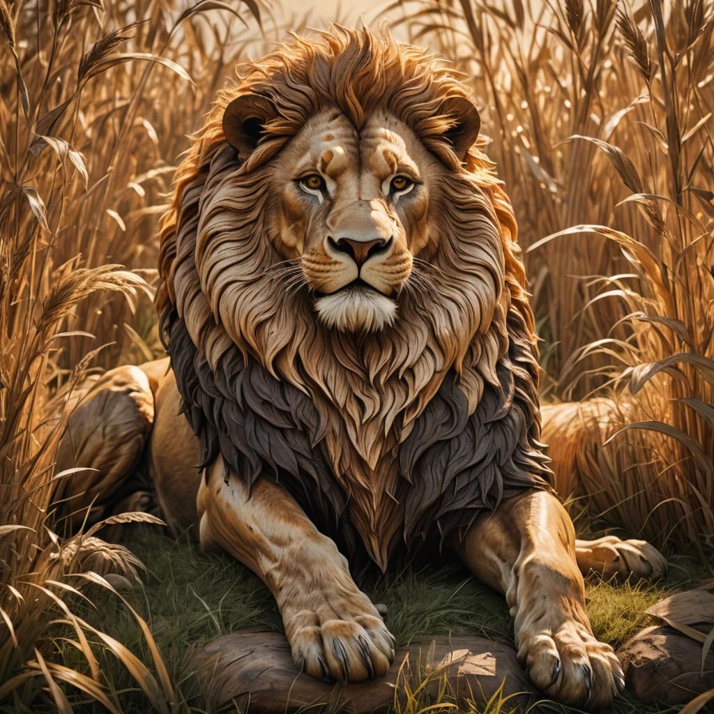 Majestic Wooden Lion in Golden Sunlight