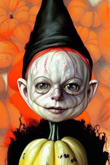 Chibi Pumpkin Gnome in Halloween Horror Scene
