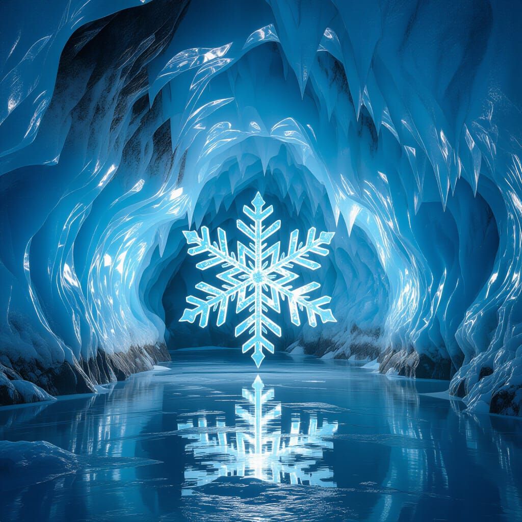 Dramatic Ice Cave With Shimmering Snowflake Sculpture