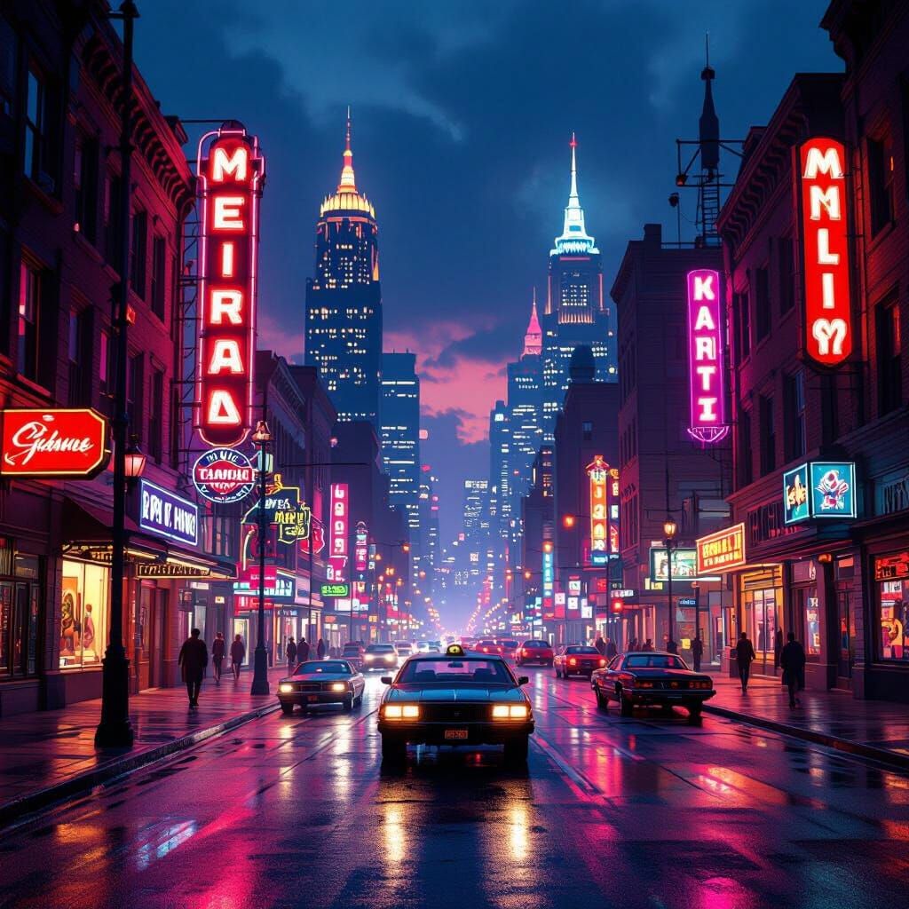 Vibrant 1980s Detroit Street Scene in Matte Painting Style