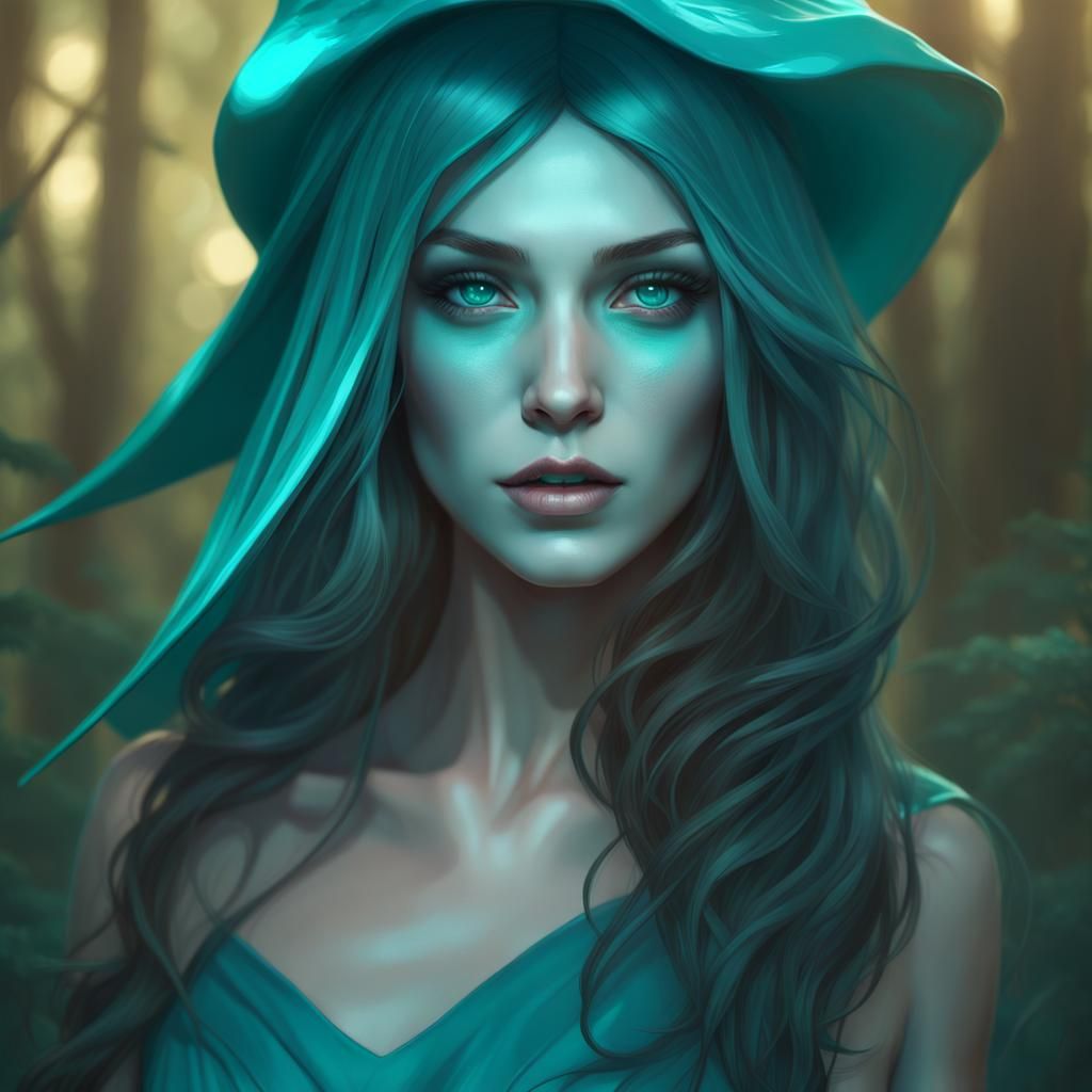 Ethereal Witch in Bioluminescent Forest, Hyperdetailed Portr...