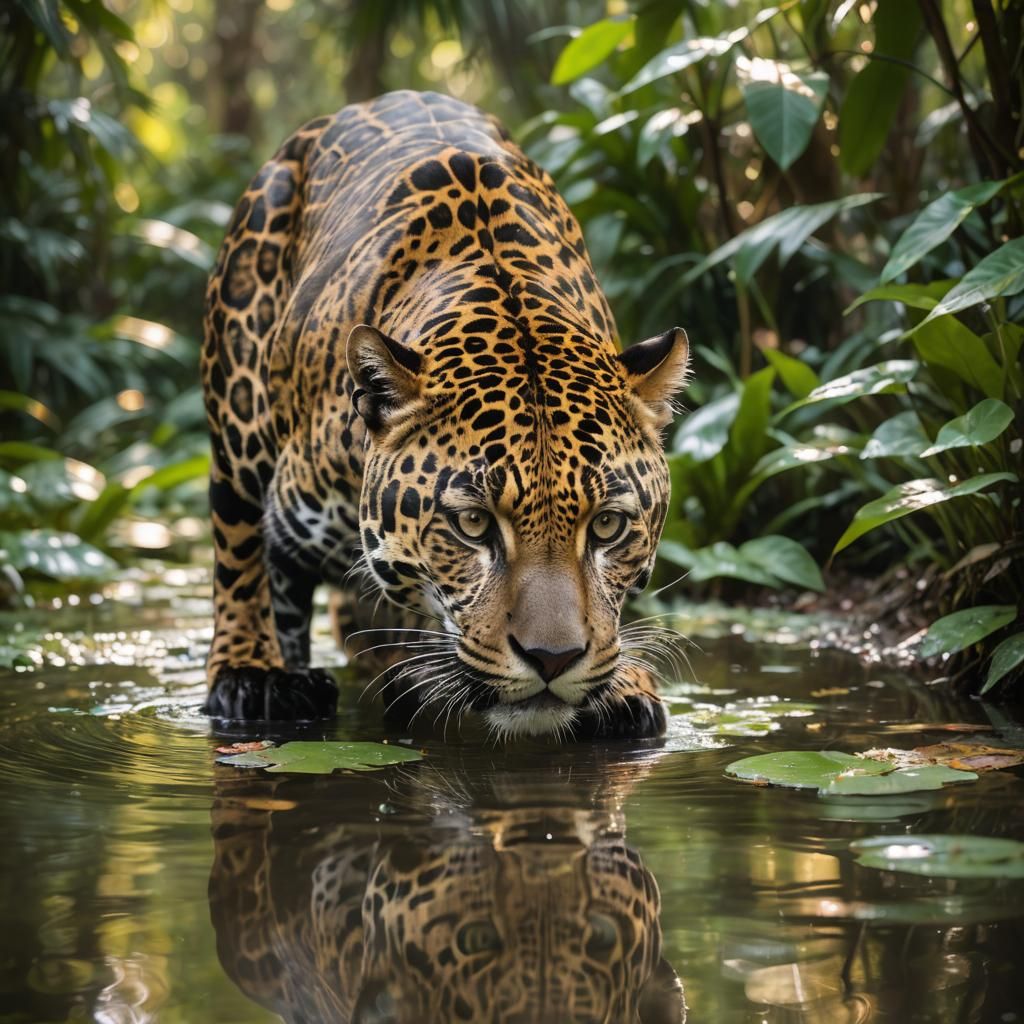 Jaguar Drinking in Lush Rainforest Paradise