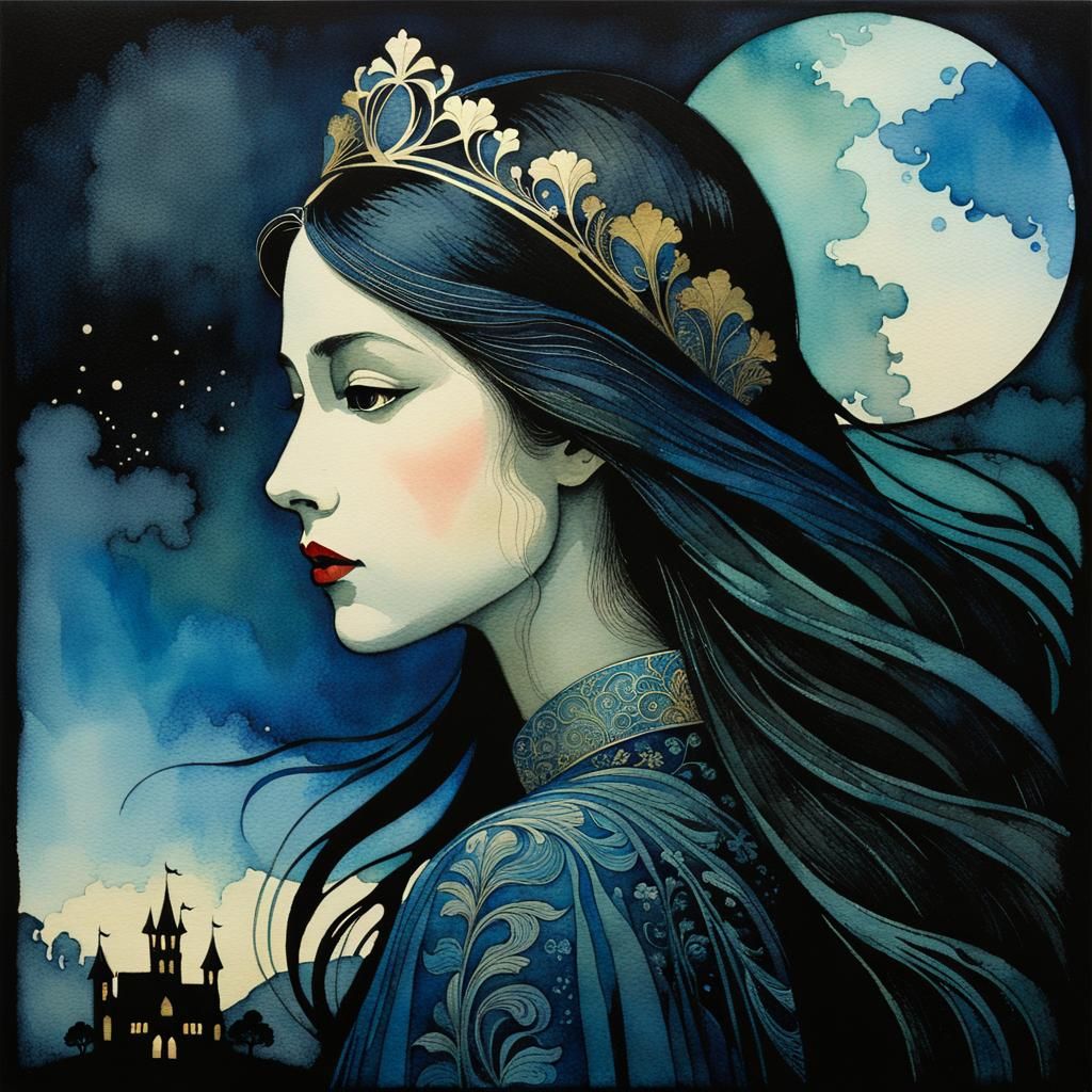 Whimsical Princess Portrait in Dark Moody Watercolor
