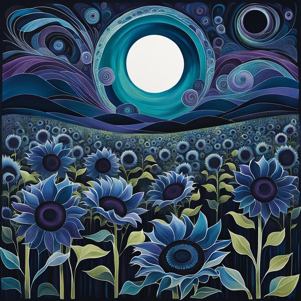 Midnight Blue Eclipse Sunflowers: Monotype Mixed Media