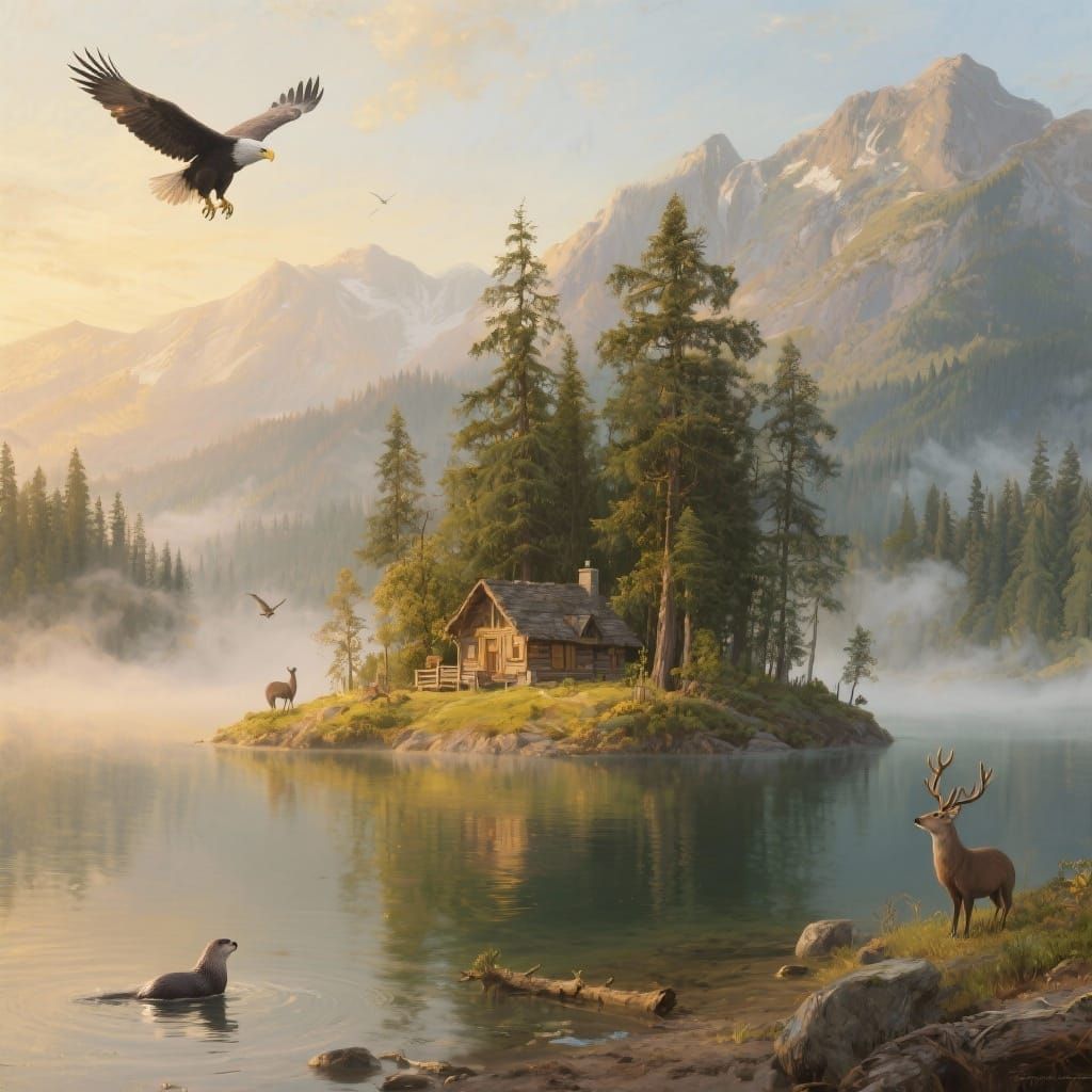 Rustic Cabin on Island in Serene Mountain Lake