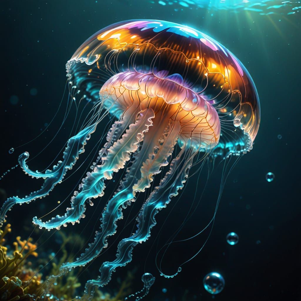 Bioluminescent Jellyfish in Water Drop: Digital Art