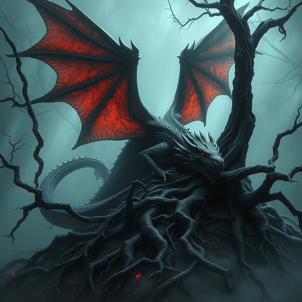Surreal Fantasy Dragon in Dark Forest Landscape