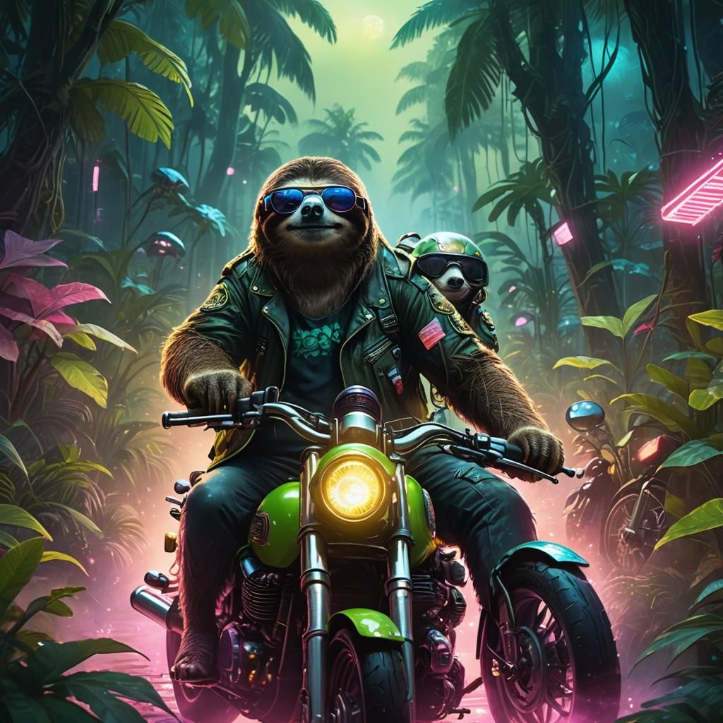 Sloth Rides Motorcycle Through Neon Jungle