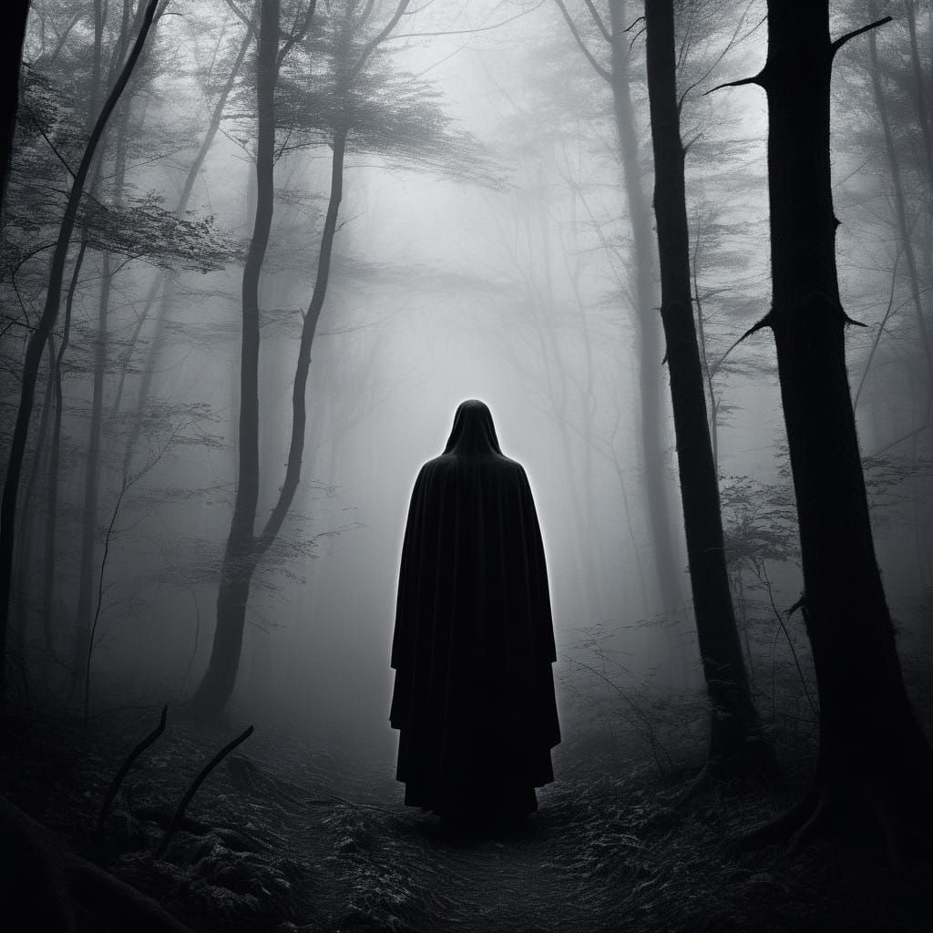 Mysterious Figure Emerges from Foggy Forest in Monochromatic...