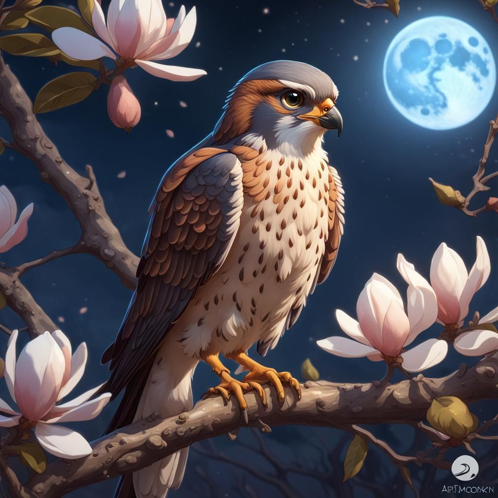 Fantasy Kestrel Perched on Magnolia Tree at Midnight
