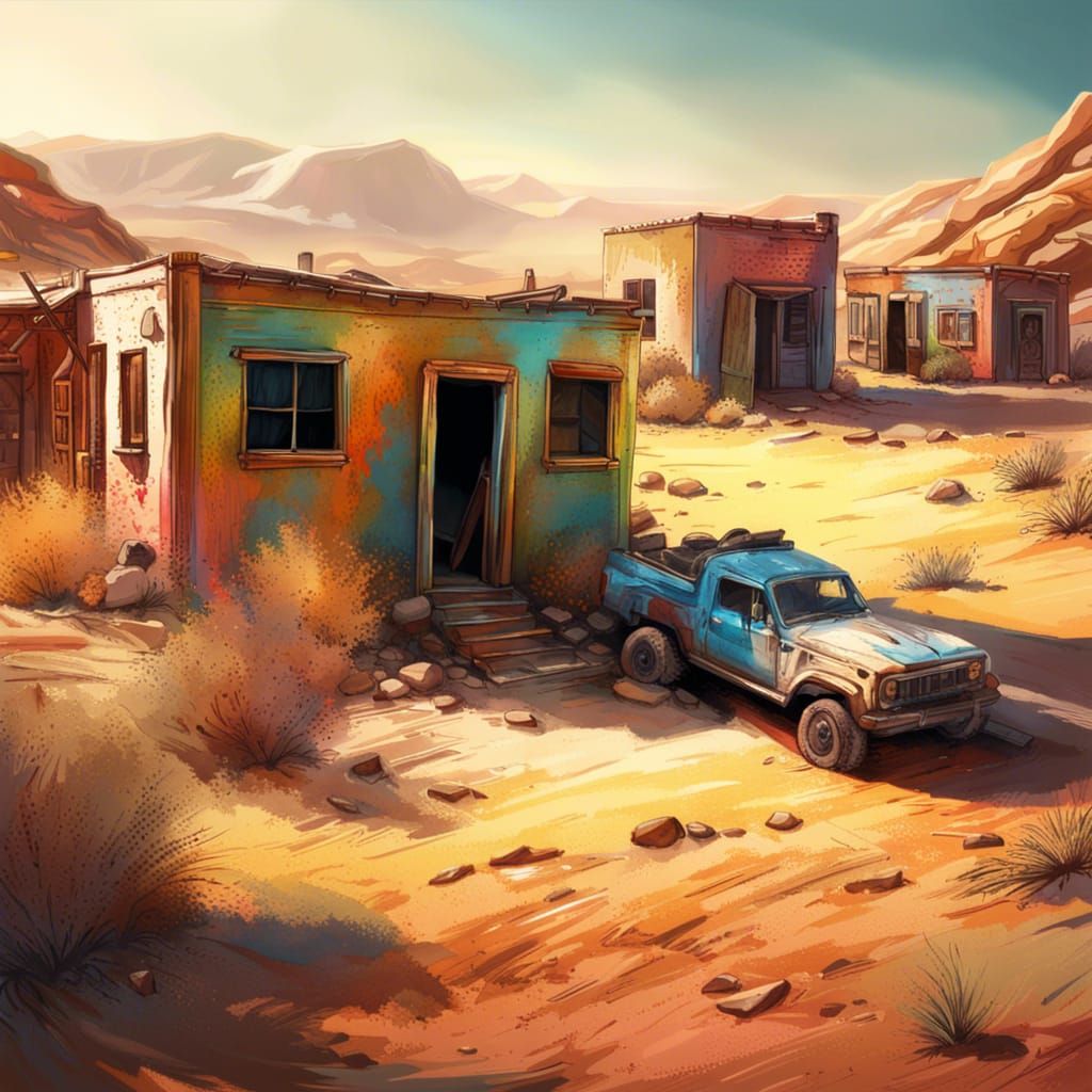 Hyperrealistic Desert Ghost Town in Splash Art Style