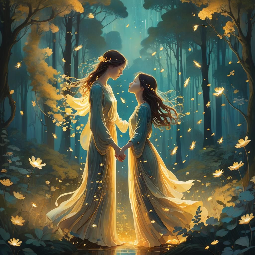 Woman in Mystical Forest with Golden Light