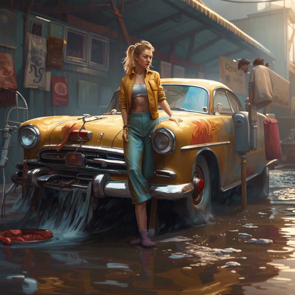 Gigi Hadid Washing Car in Retro Art Style