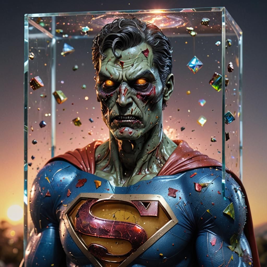 Zombie Superman in Crystal Cube, Hyperrealistic 3D Render