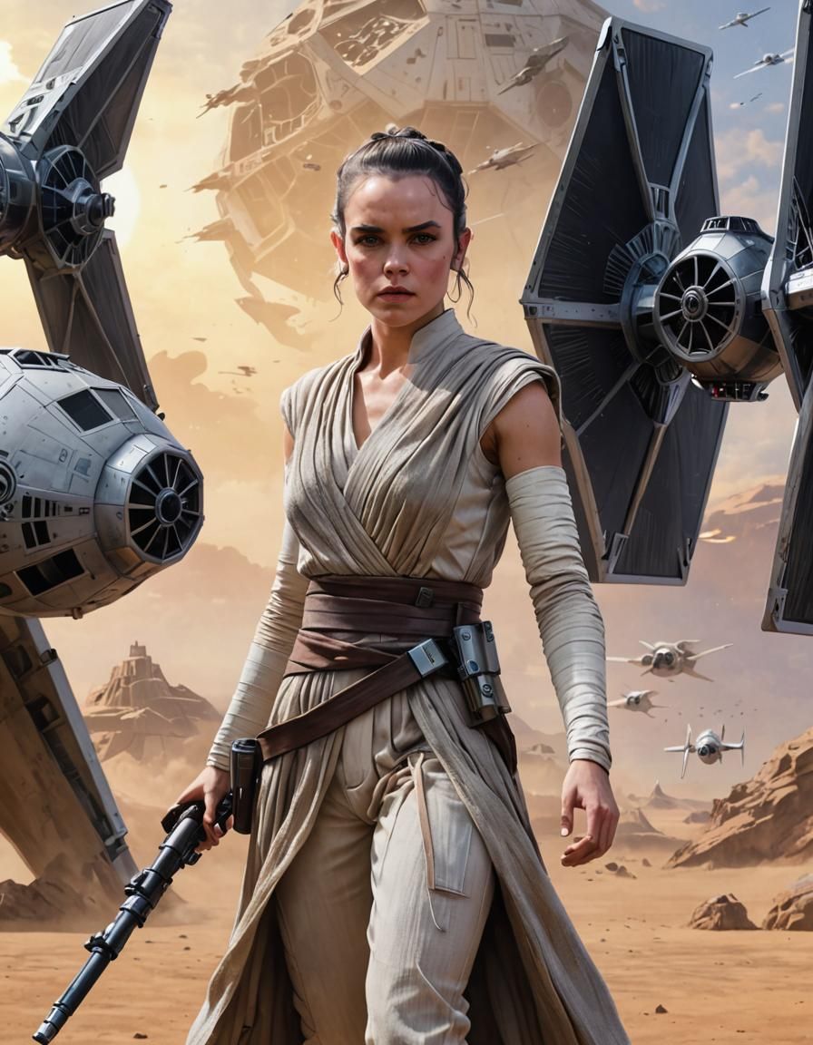 Rey Skywalker with TIE Fighter Background