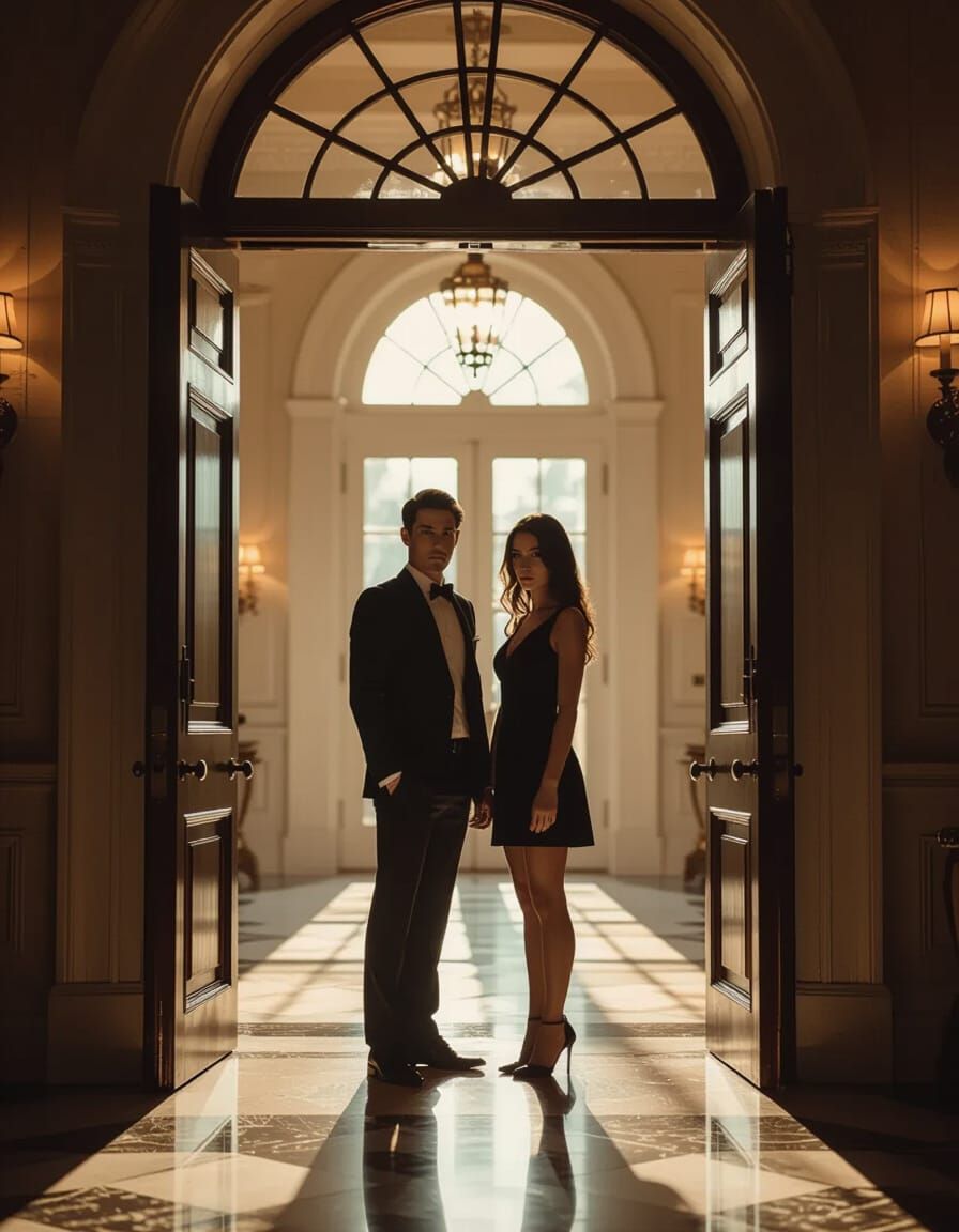 Twin Siblings in Mansion Doorway, Cinematic Lighting