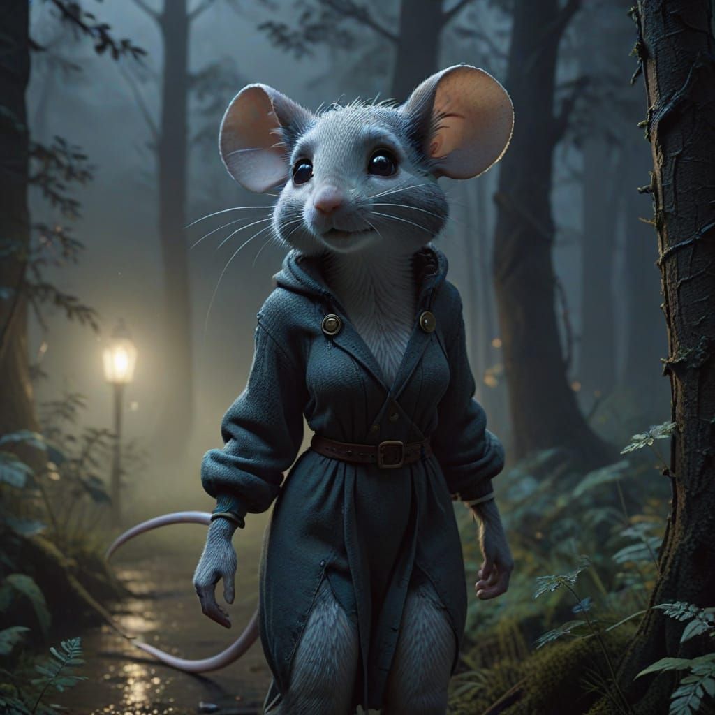 Anthro Mouse Wanders Misty Forest at Night