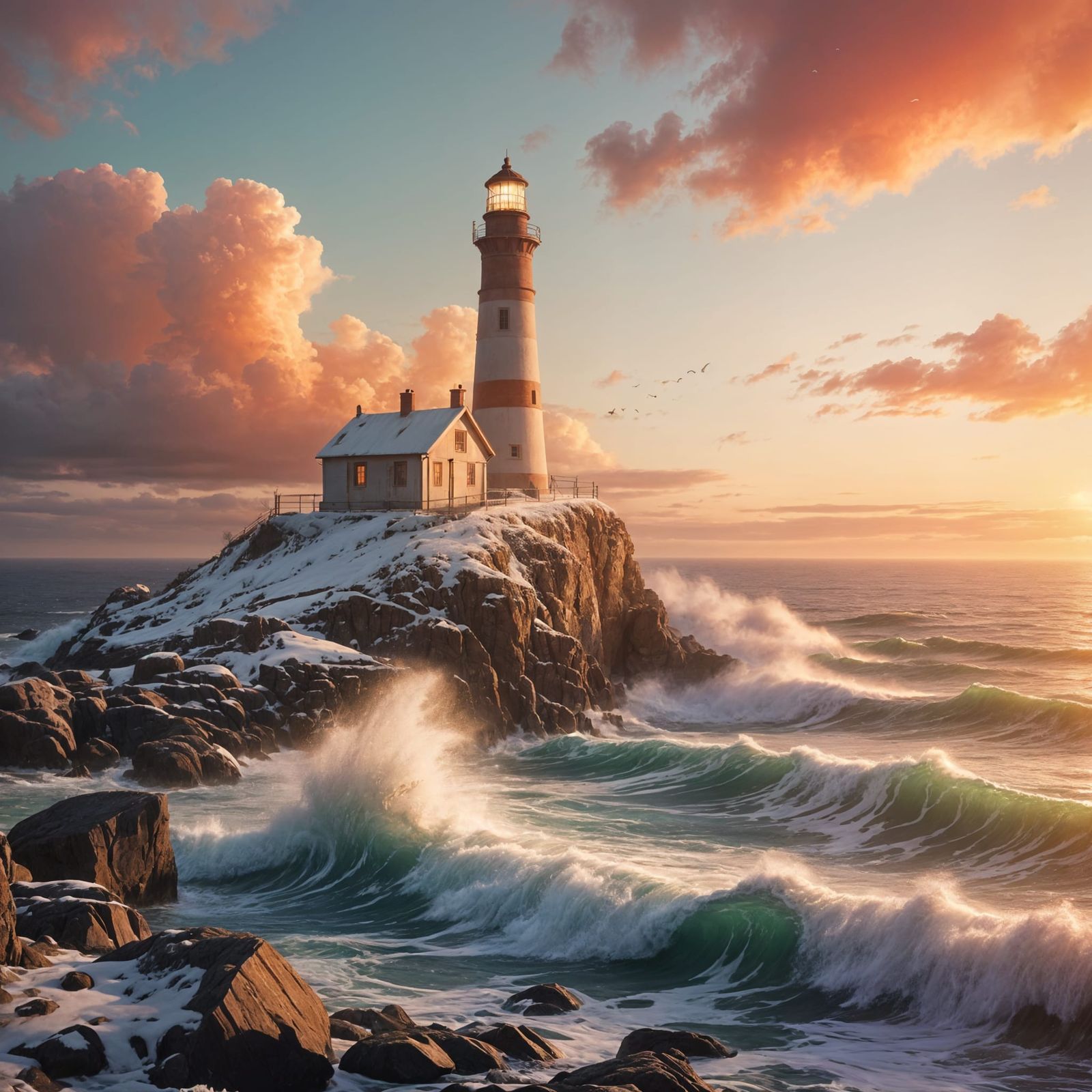 Luminous Winter Lighthouse in Soft Watercolor