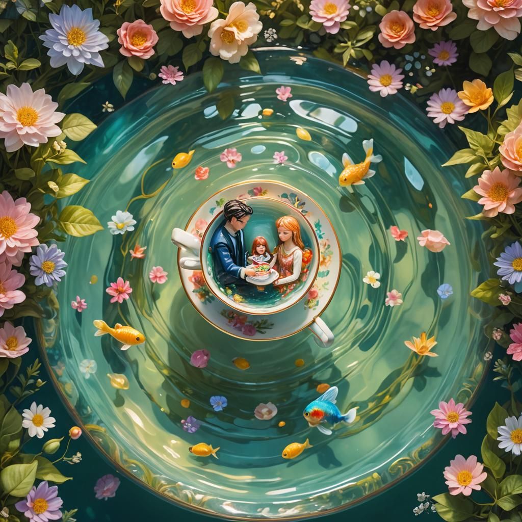 Miniature Couple in Teacup Swimming Pool: Surreal Fantasy Ar...