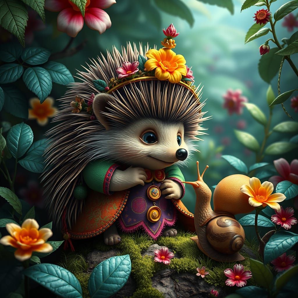 Hedgehog and Snail in Baroque Realism and Pixar Style