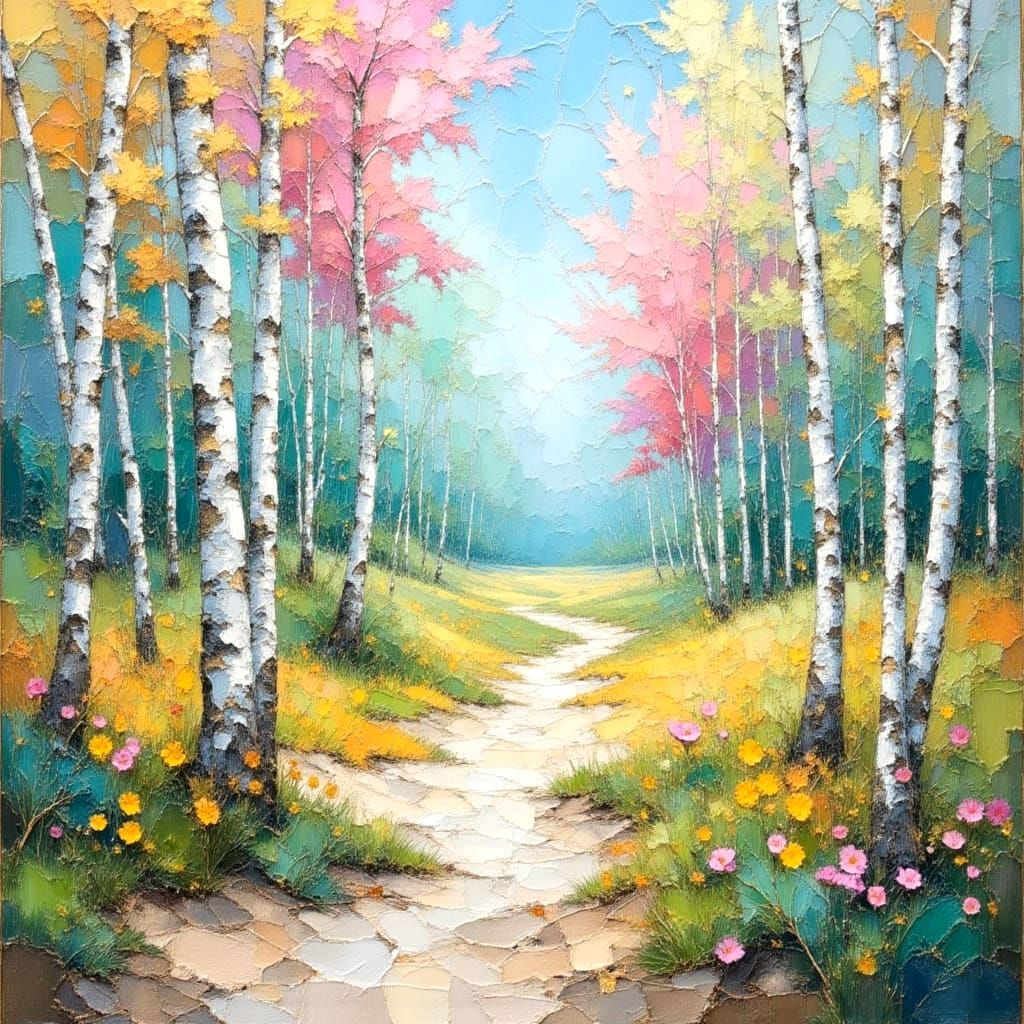 Impasto Birch Tree Landscape in Sunlight