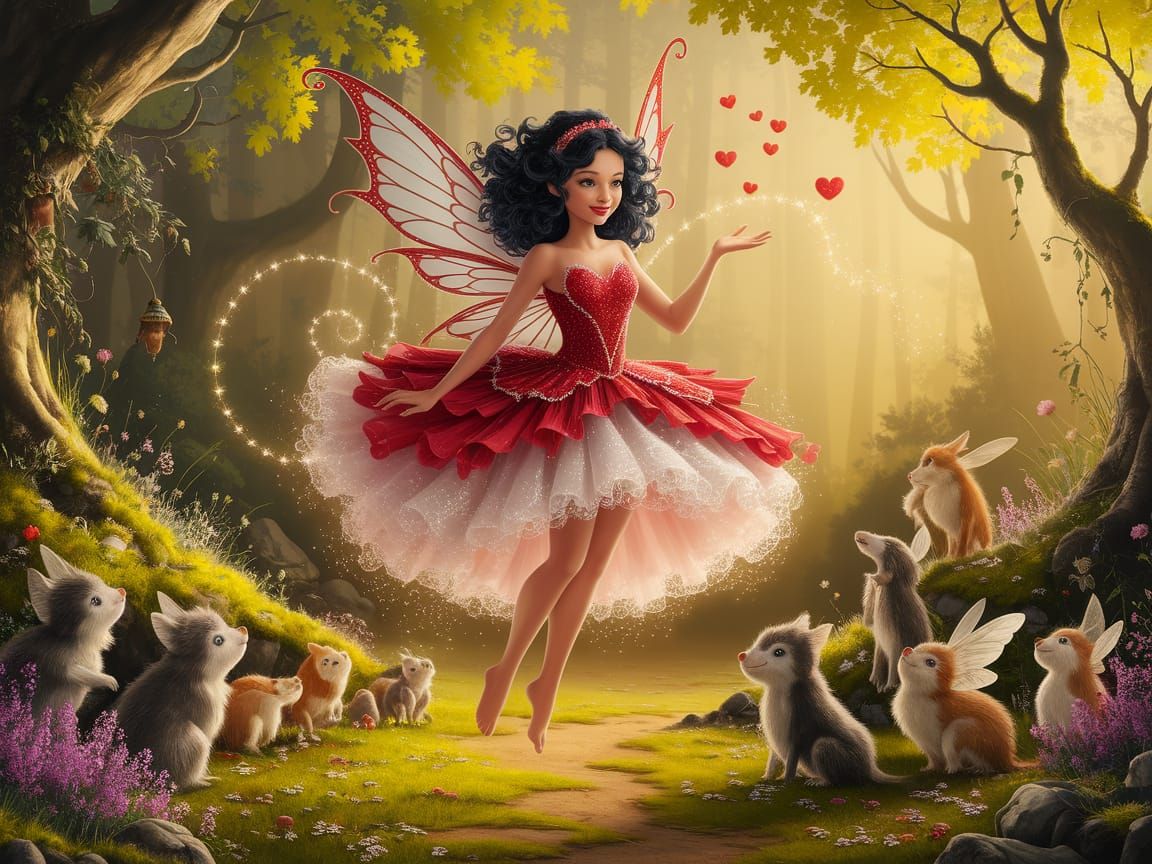 February Fairy Tossing Hearts in Forest Glade