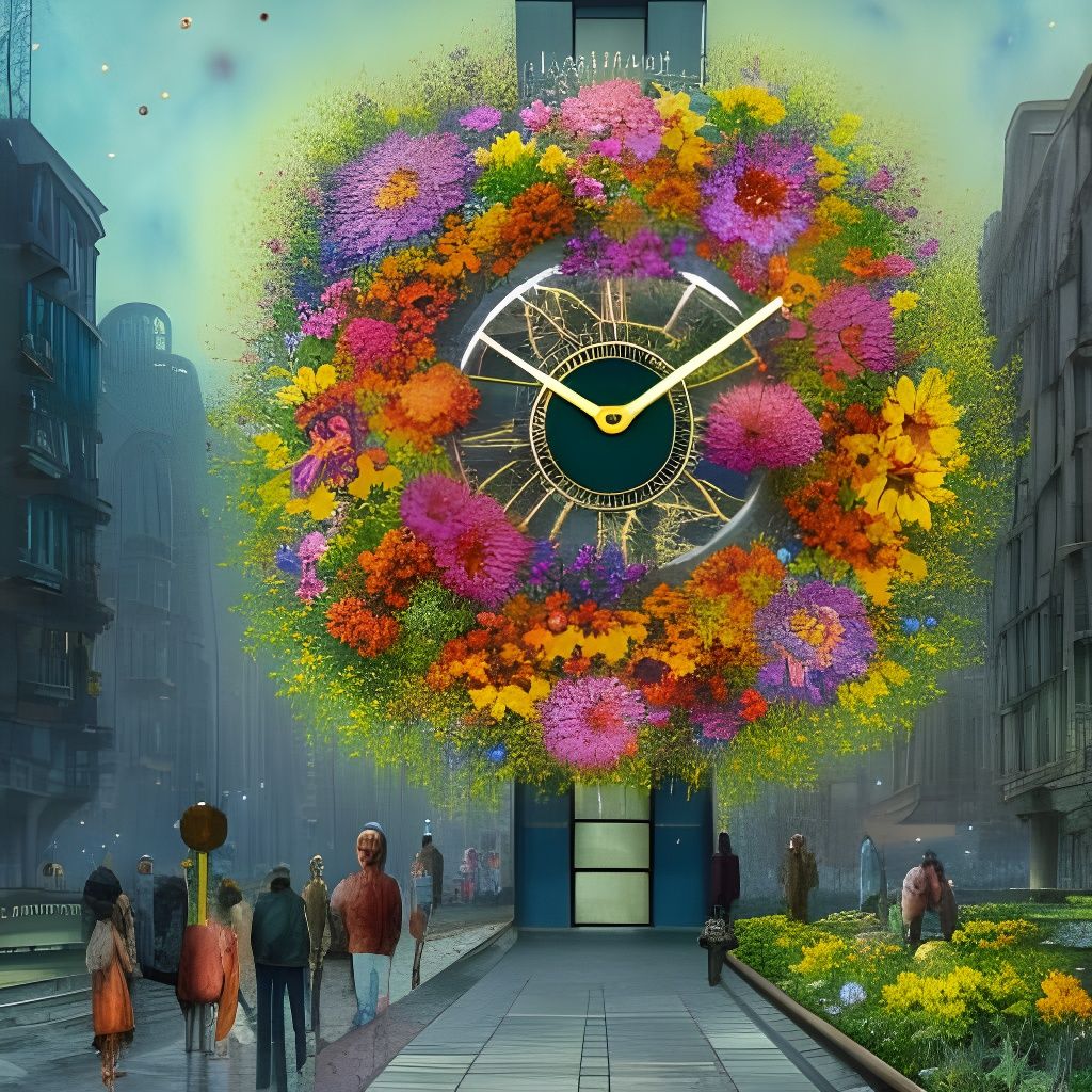 Solarpunk Cityscape: Floral Clock in Expressionist Style