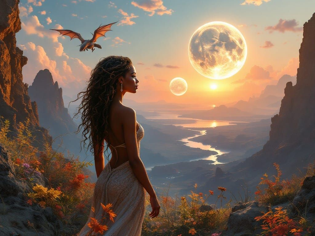 Full-Figured Woman in Breathtaking Alien Landscape with Maje...
