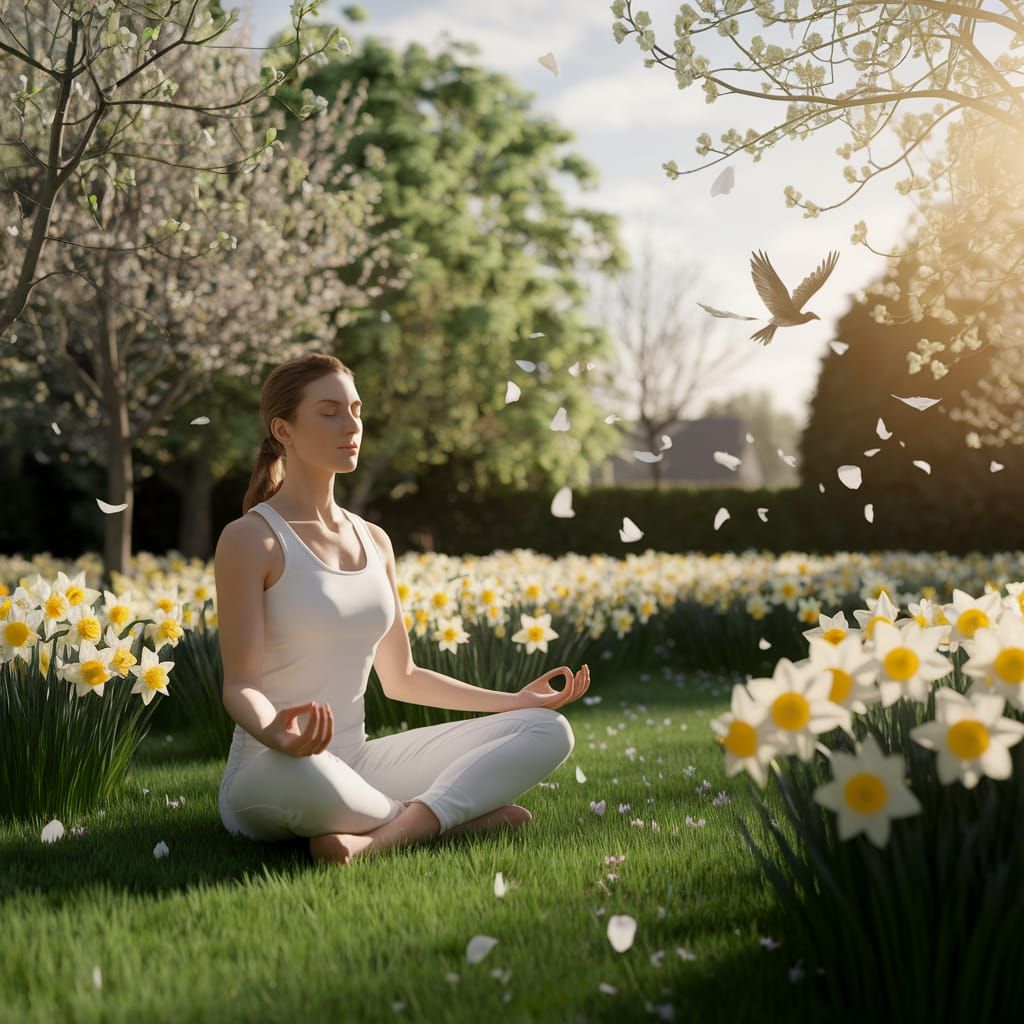 Meditating Woman in Golden Spring Garden