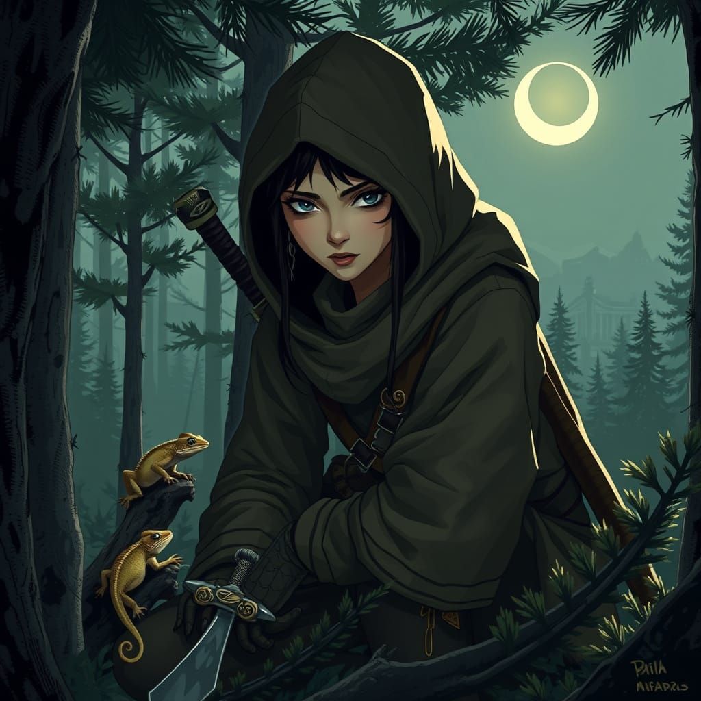 Mysterious Ninja Warrior in Pine Forest Under Moonlight