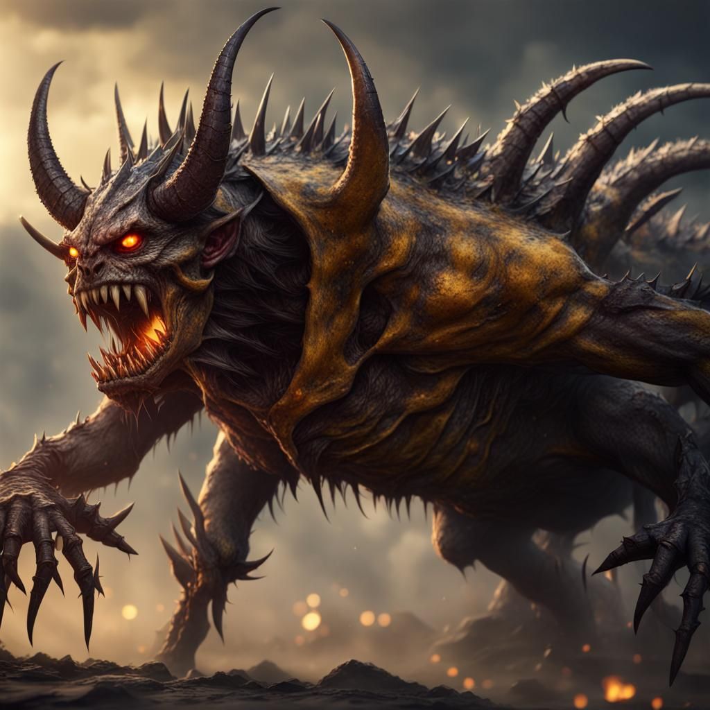 Giant Demon Crawling on Mountain, Dark Fantasy Art