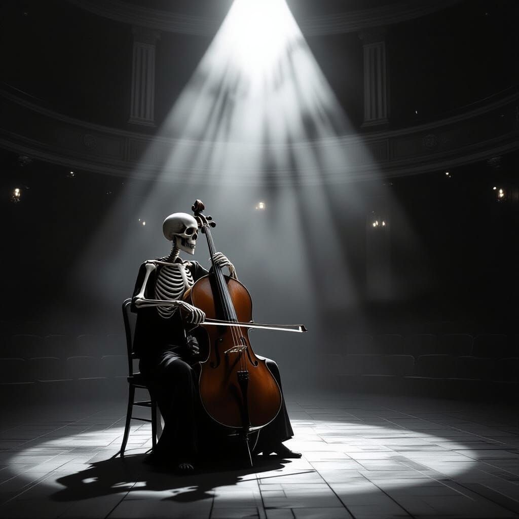 Skeleton Cellist in Spotlight: Charcoal Drawing Style