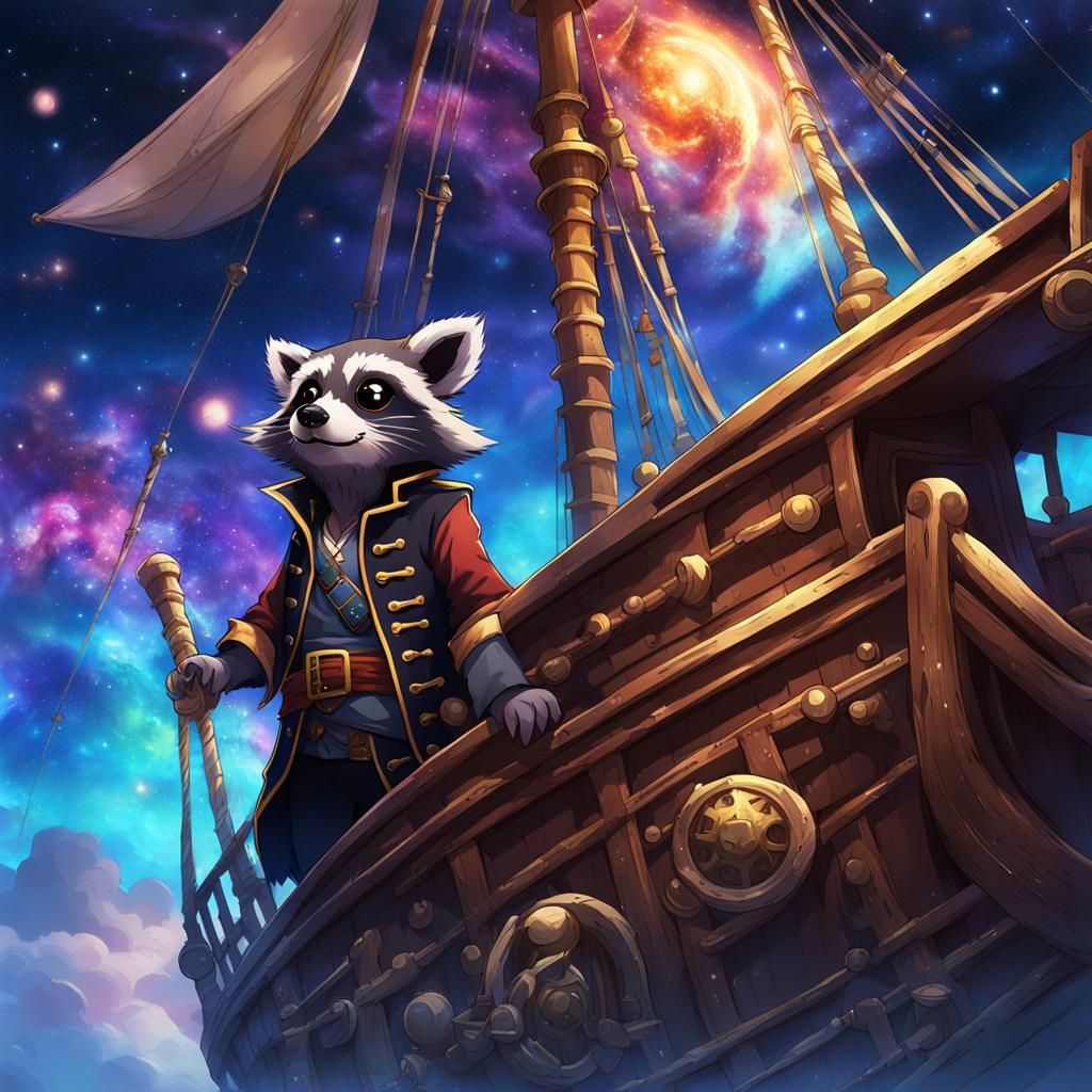 Raccoon Pirate Commands a Galaxy Ship in Anime Style