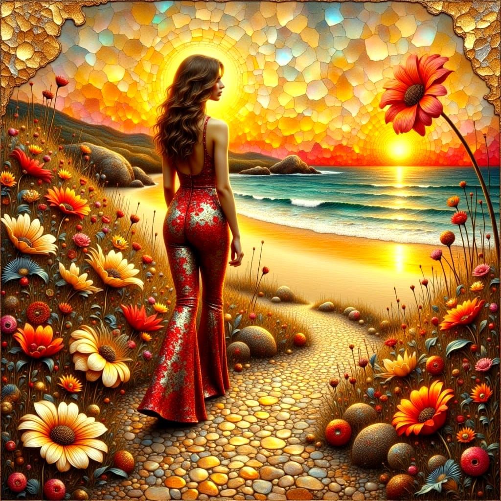 Groovy Girl Walks Along Beachside Pathway in Vibrant 1970s S...