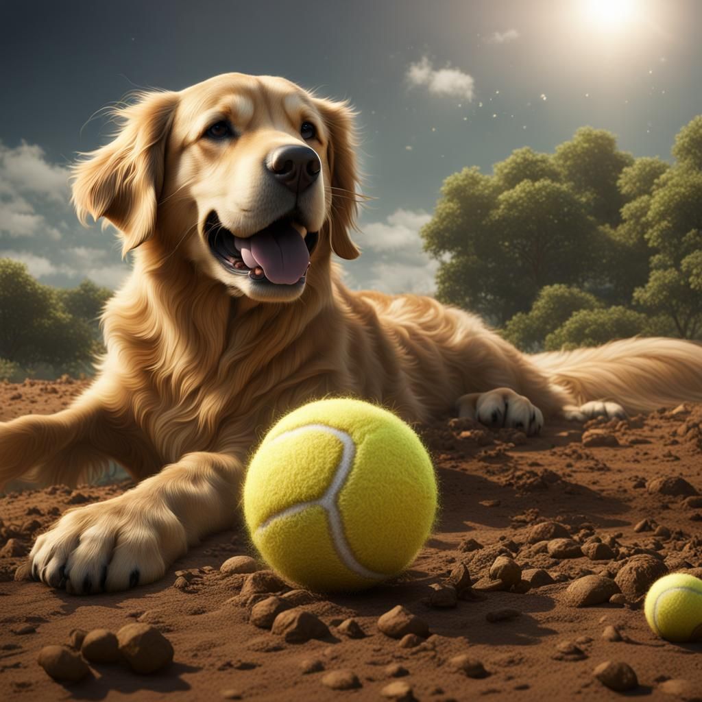 Golden Retriever Eats Earth: Detailed Matte Painting