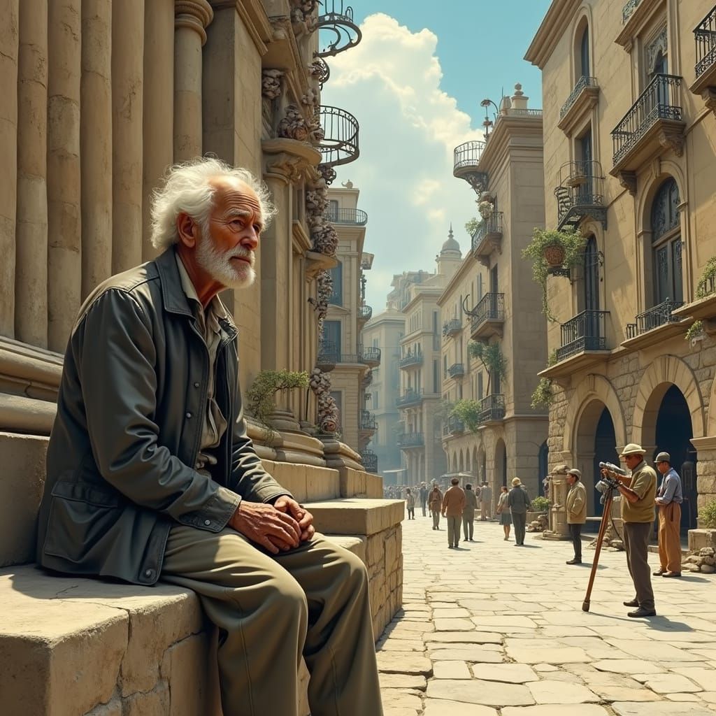 Surreal Steampunk Cityscape with Elderly Man