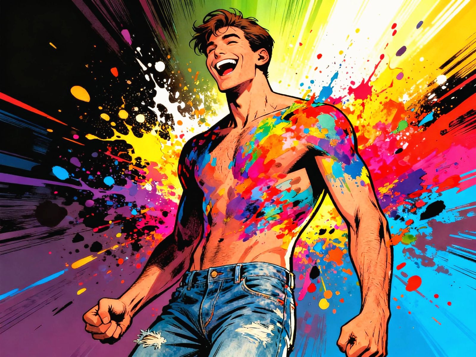 Handsome Man Laughing Amidst Colorful Splash Art Explosion