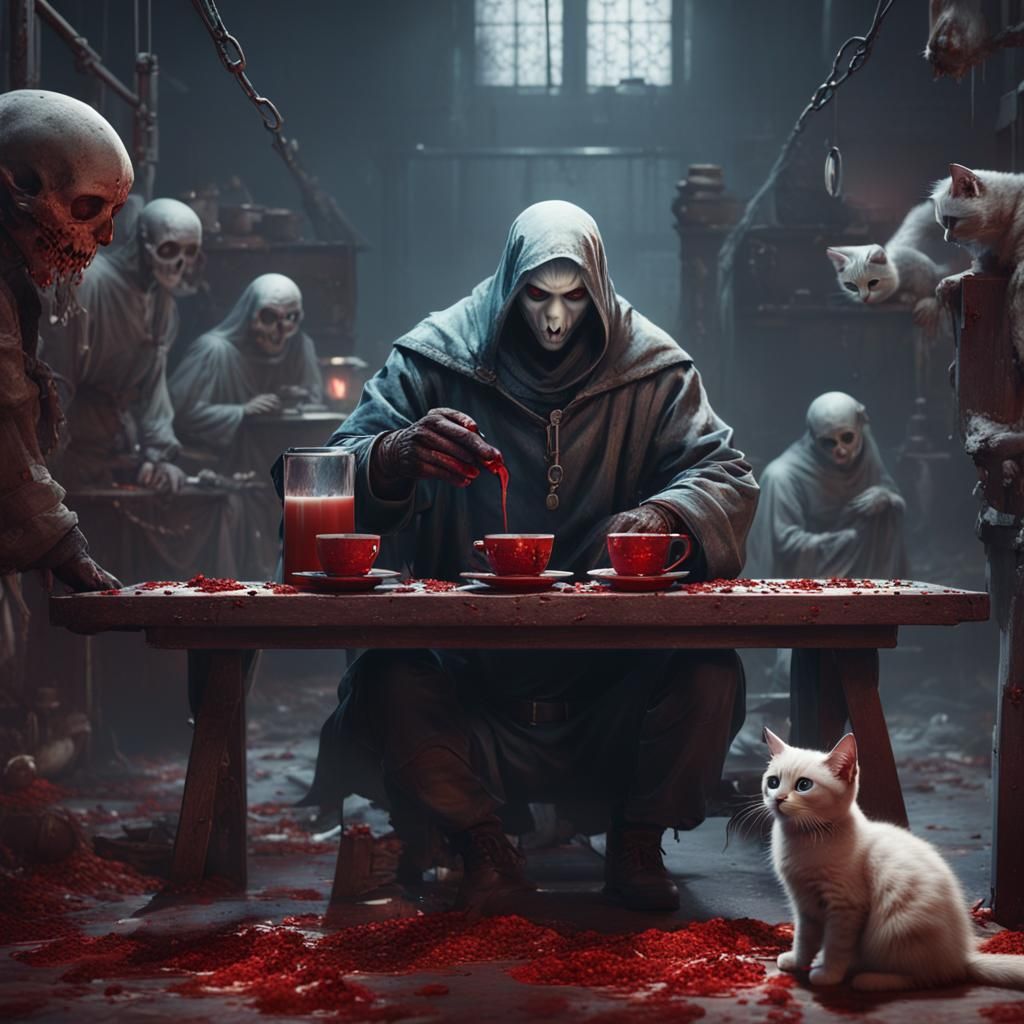 Ghostly Figure Drinks Blood Coffee with Kitten