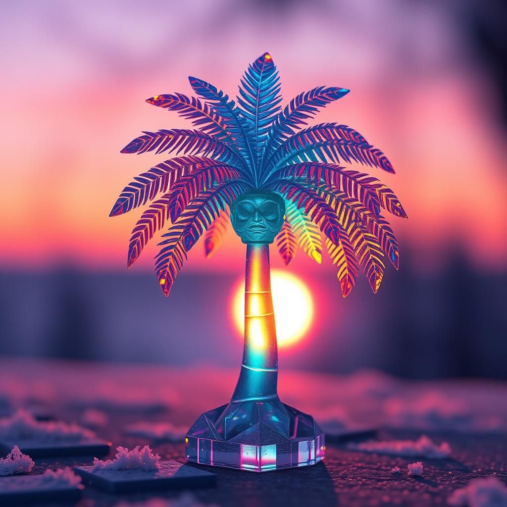 Glass Palm Figurine with Bioluminescent Sunset
