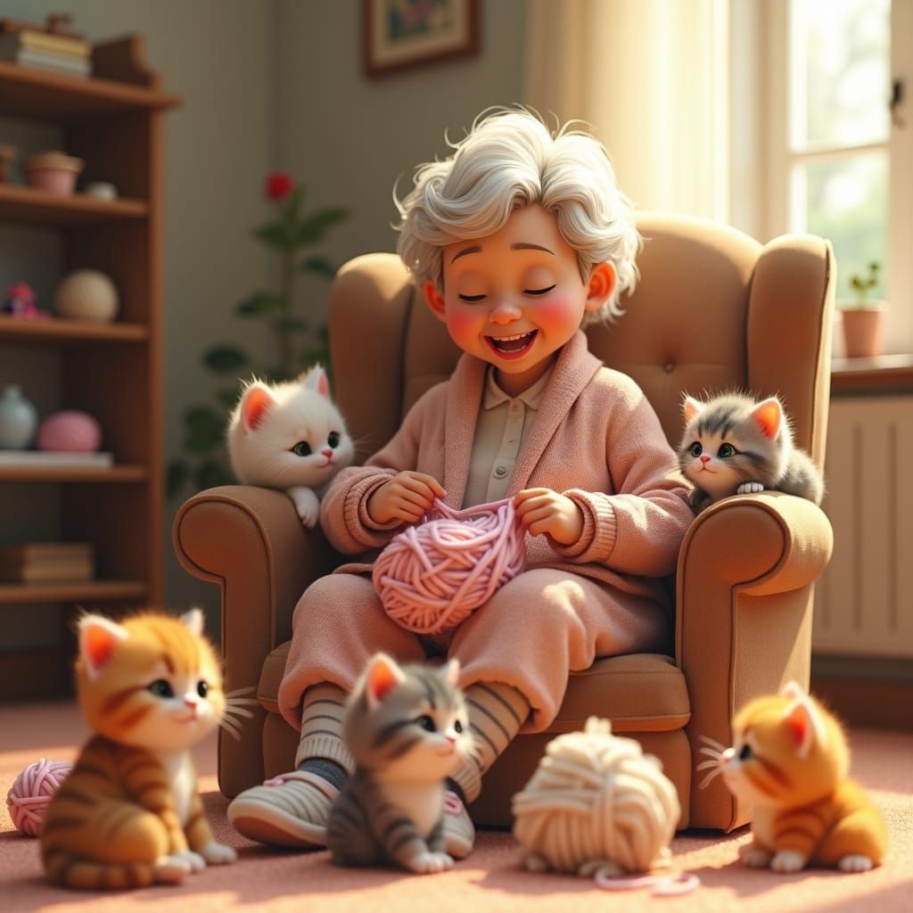 Grandma and Kittens in 3D Digital Art Style