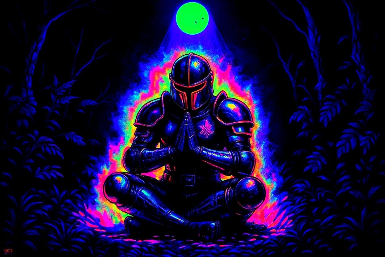Cyber Knight Meditates in Fluorescent Jungle